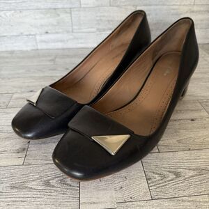 Brooks Brothers‎ Women's Black Leather Block Heels Square Toe Metal Accent 9.5